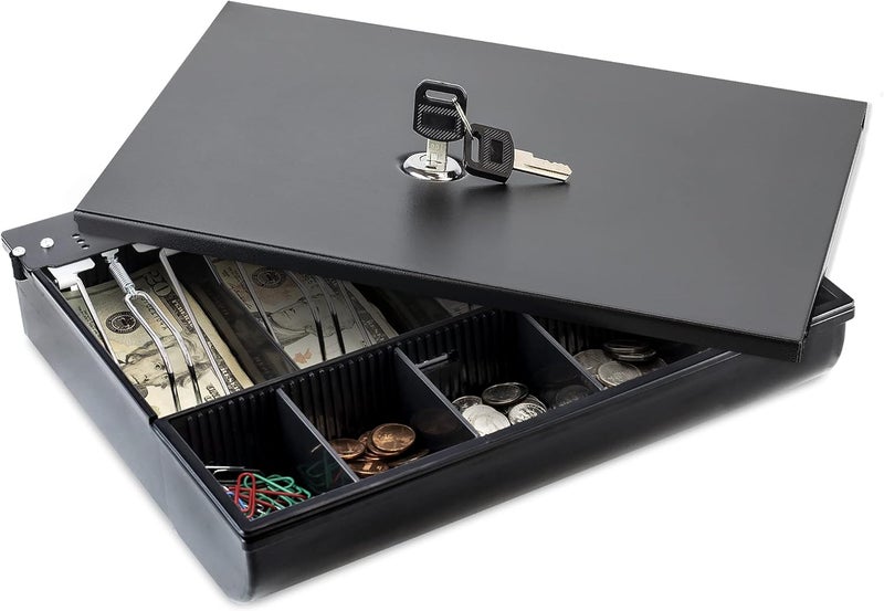 Volcora Cash Drawer Tray with Locking Cover - 11.7 x 10.3 x 2.3 Inch Metal Cash Lock Box with Lid - 4 Bill/5 Coin Money Organizer for Volocara 13" Fully-Removable Cash Drawers - For Business Use - Image 1